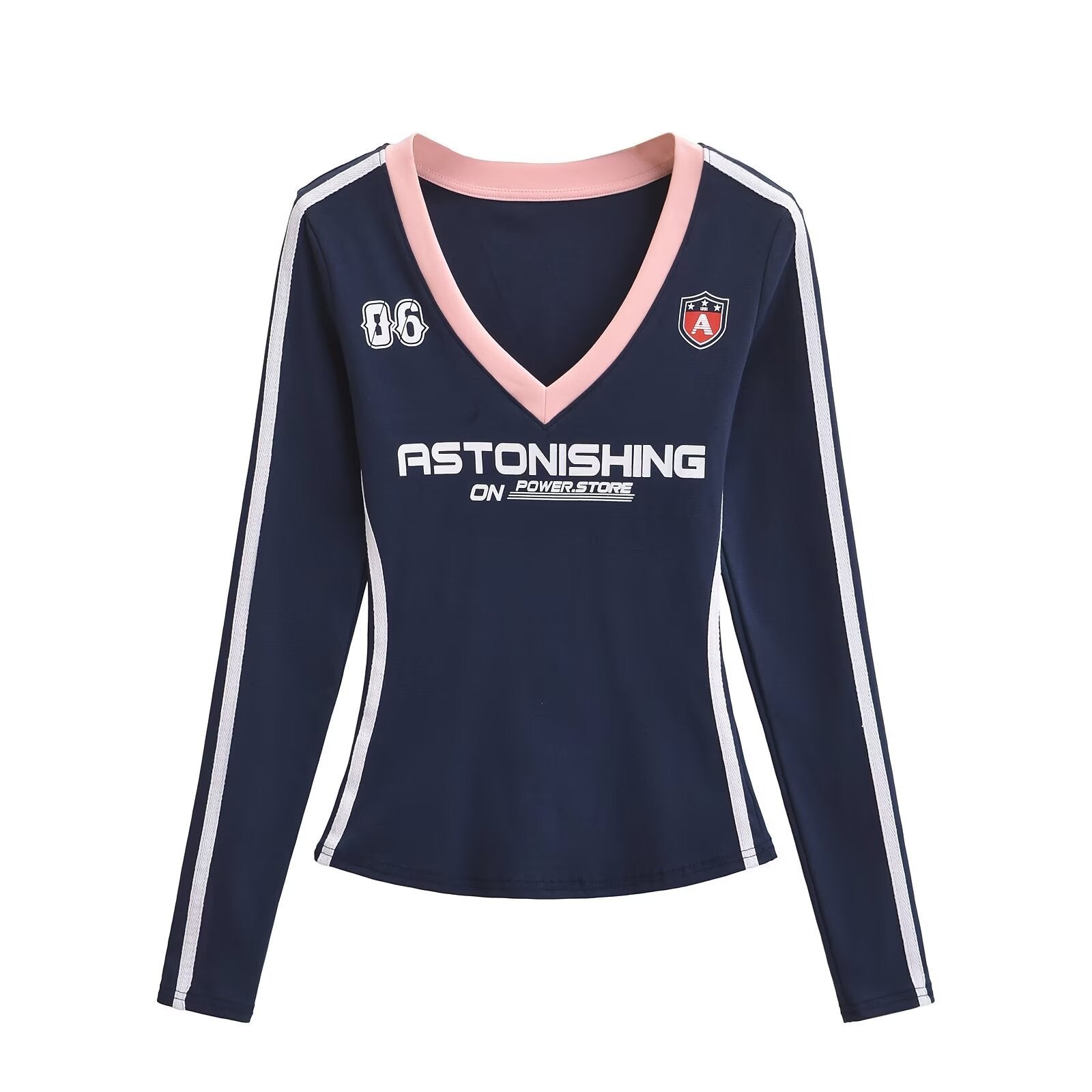 Women American Retro V-neck Contrast Print Long-sleeved T-shirt Sports Shorts Two Piece Set 10