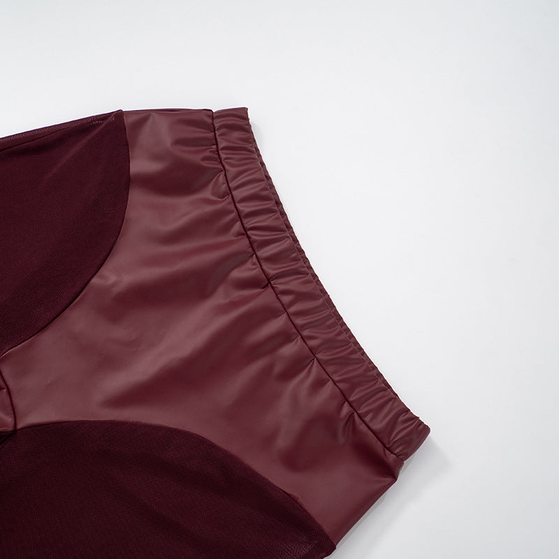 Spring & Summer Women's Solid Color Elastic Waist See-Through Mesh Leather Patchwork Tight-Fitting Knee-Length Shorts 14