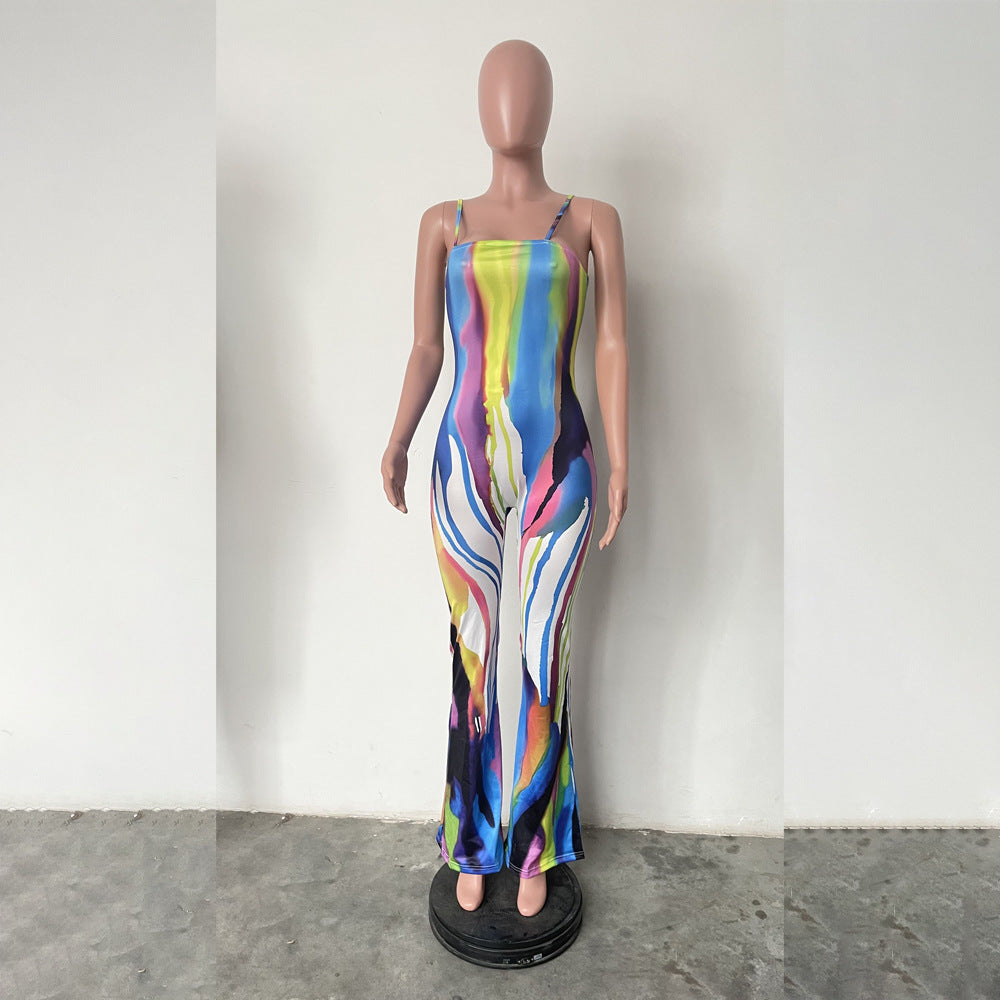 Sexy Suspender Graffiti Positioning Print Wide Leg Jumpsuit 9