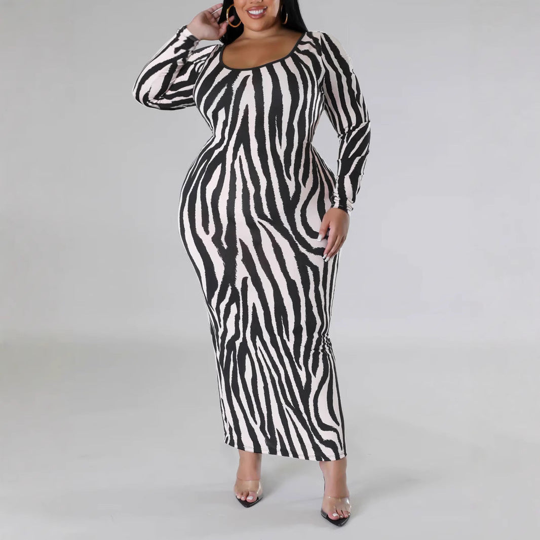 Plus Size Women's Sexy Zebra Print Slim Split Slim Fit Fashion Long Dress 3
