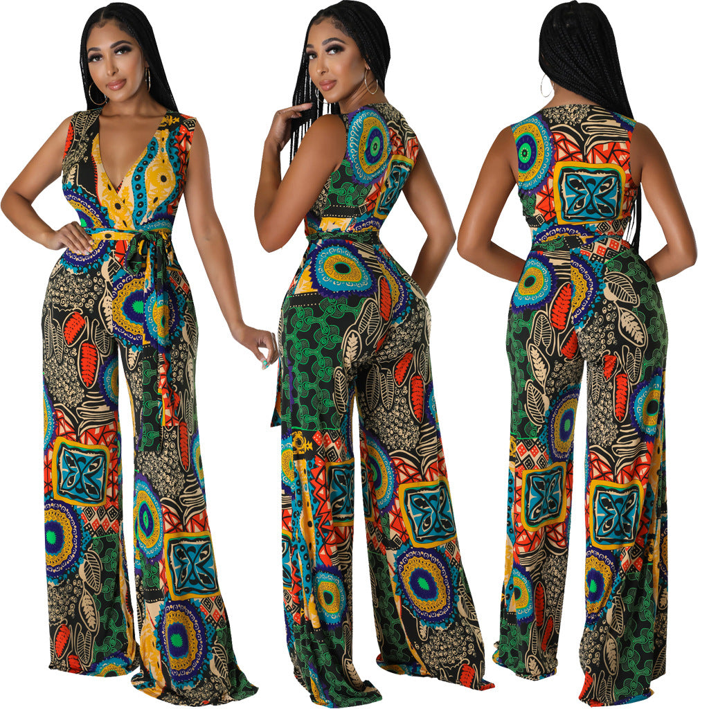 Sexy Fashion Printing V-Neck Wide Leg Women's Jumpsuit