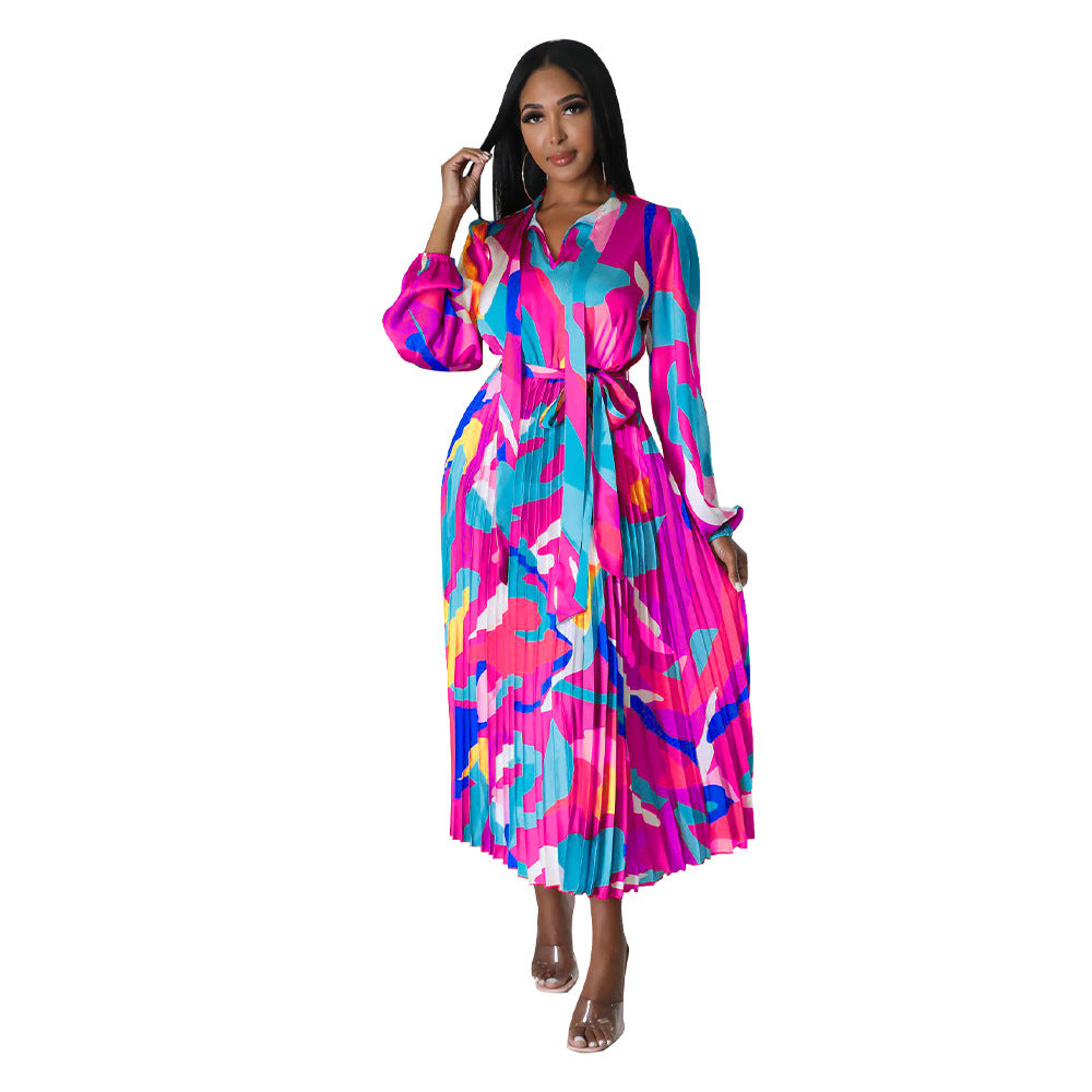 Women's Tie Long Sleeve Printed Pleated Dress 16