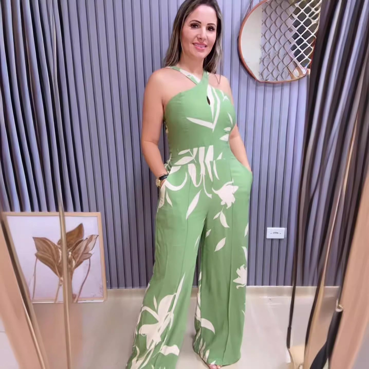 Printed Hollow Strap Wide-Leg Jumpsuit 6