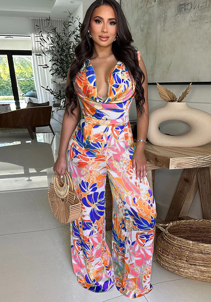 Fashionable women's sleeveless print wide leg jumpsuit