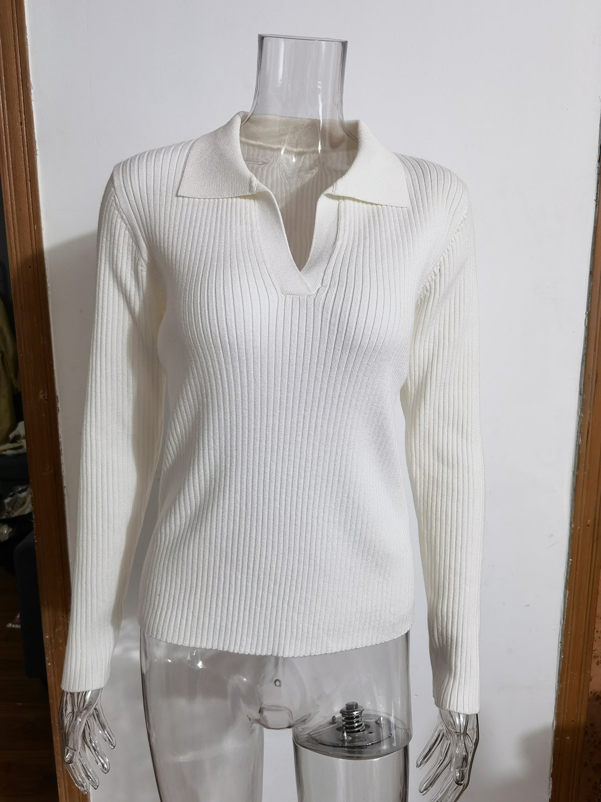 Autumn And Winter Turndown Collar V-Neck Knitting Sweater Chic Career Slim Ribbed Basic Pullover Top For Women 13