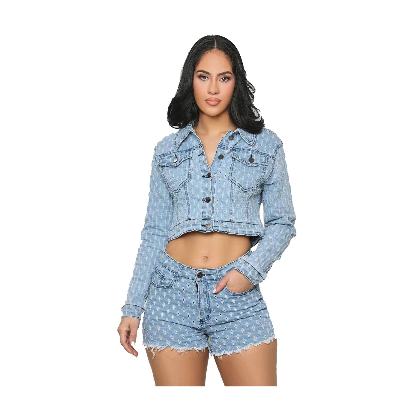 Women Casual Ripped Denim Top and Shorts Set