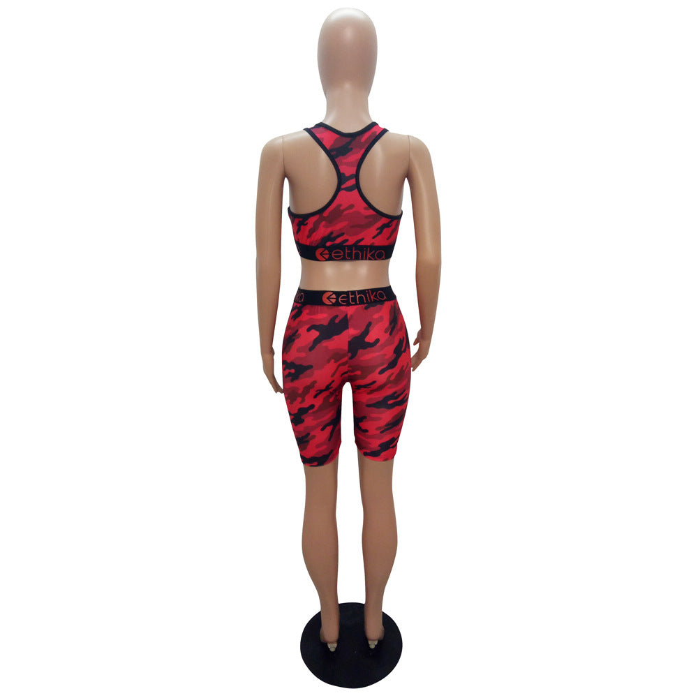 Cartoon Print Casual Camouflage Tank Biker Shorts Two-Piece Set 21