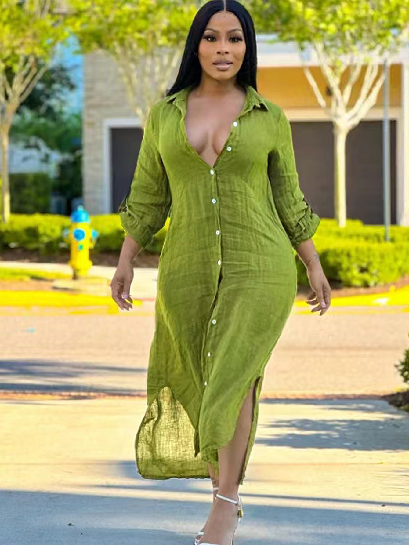 Solid Color Women Long Shirt Dress