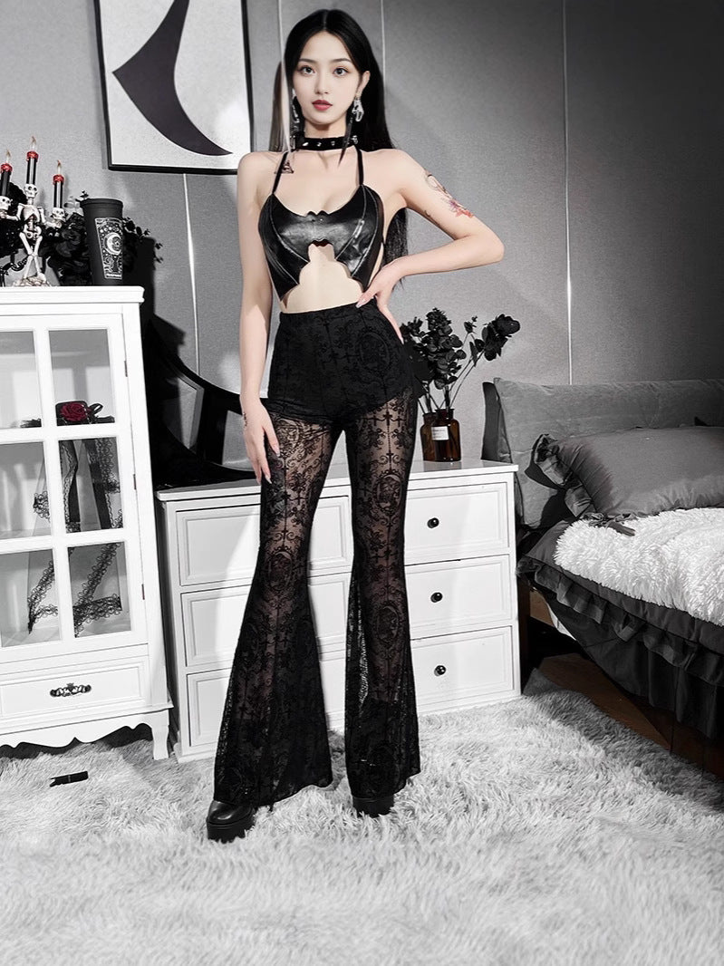 Women's Summer Sexy Dark Gothic Lace High Waist Bell Bottom Pants 6