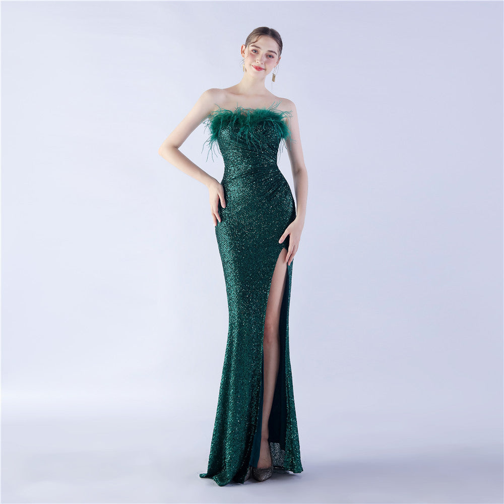 Fur Strapless Sexy Sequins Slit Evening Dress 8