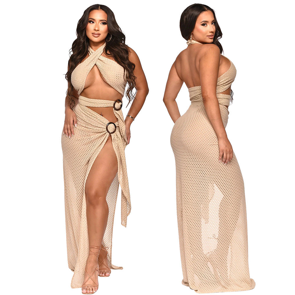 Sexy Halter Neck Mesh Slim High Slit Fashion Solid Color Long Dress 5