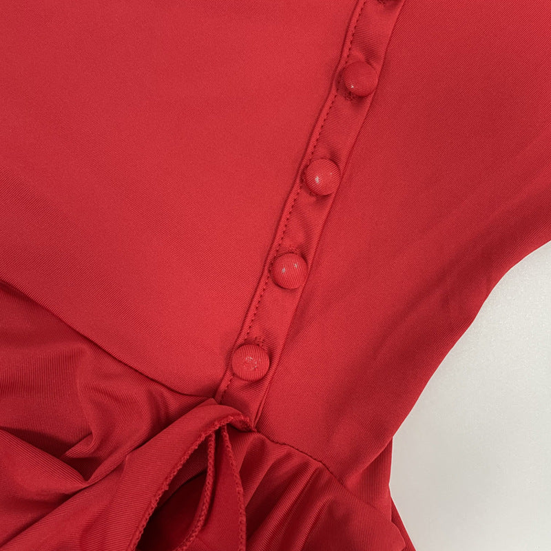 Summer Sexy Single-Button Bell Sleeve Slim Waist Mini Dress 34
