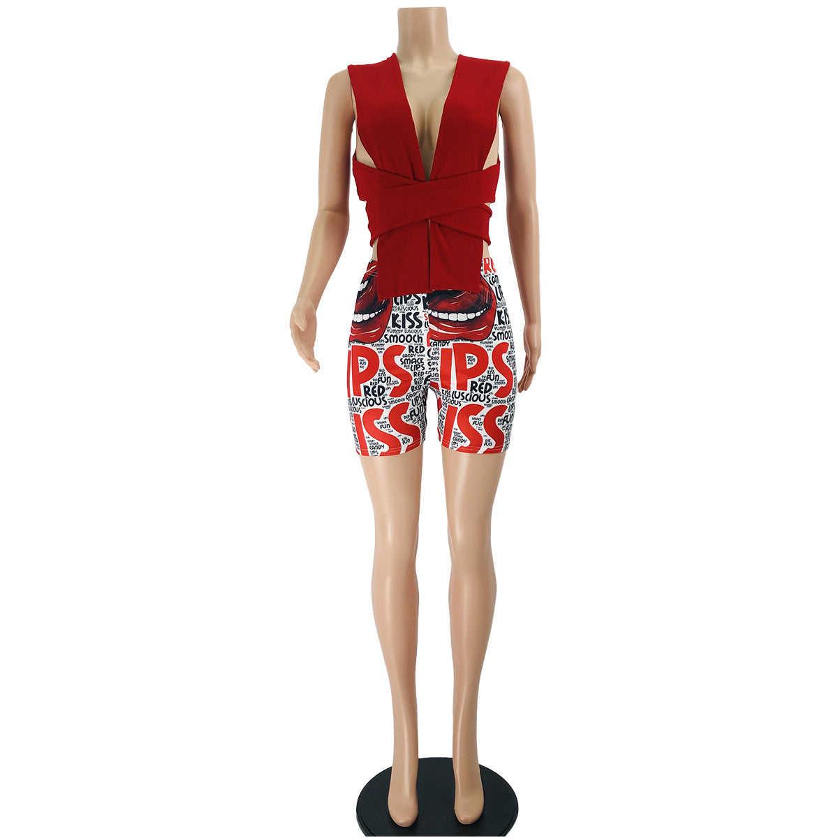Spring/Summer Women's Halter Neck Wrapped Vest Lip-Letter Print Shorts Sexy Two-Piece Set 4