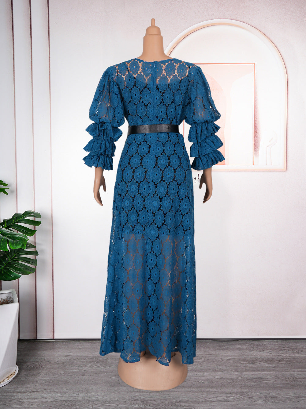 Plus Size Women African Round Neck Lace Dress 15