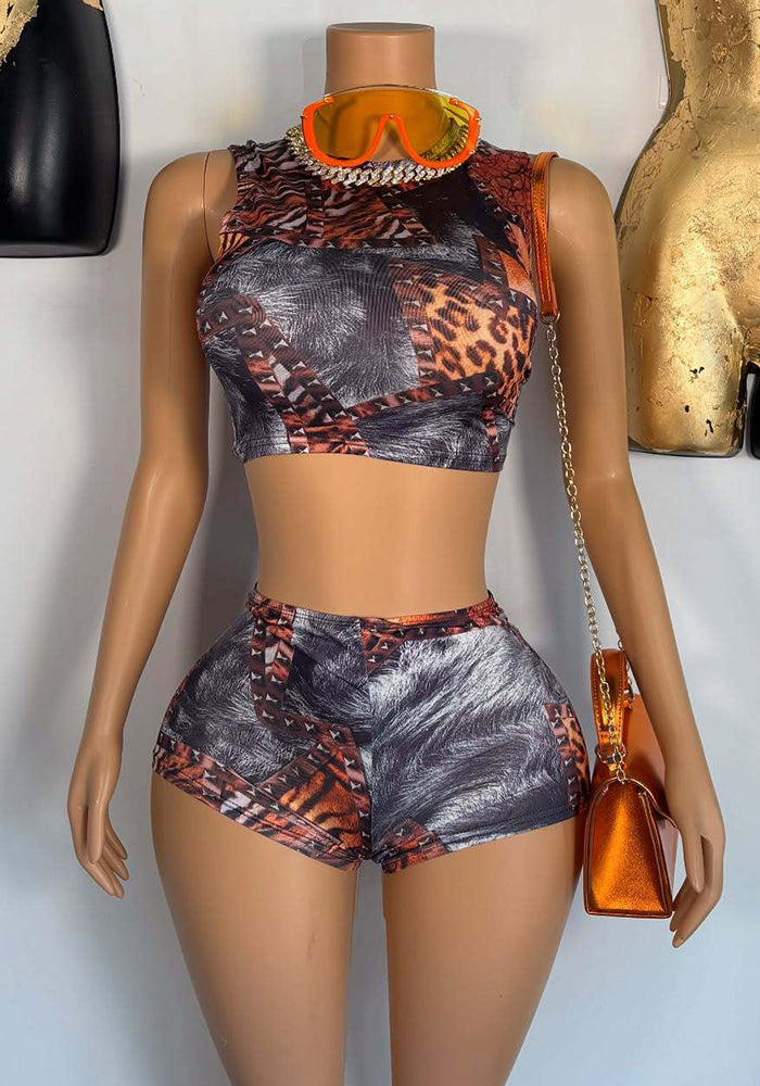 Women Sexy Print Sleeveless Top and Shorts Two-piece Set