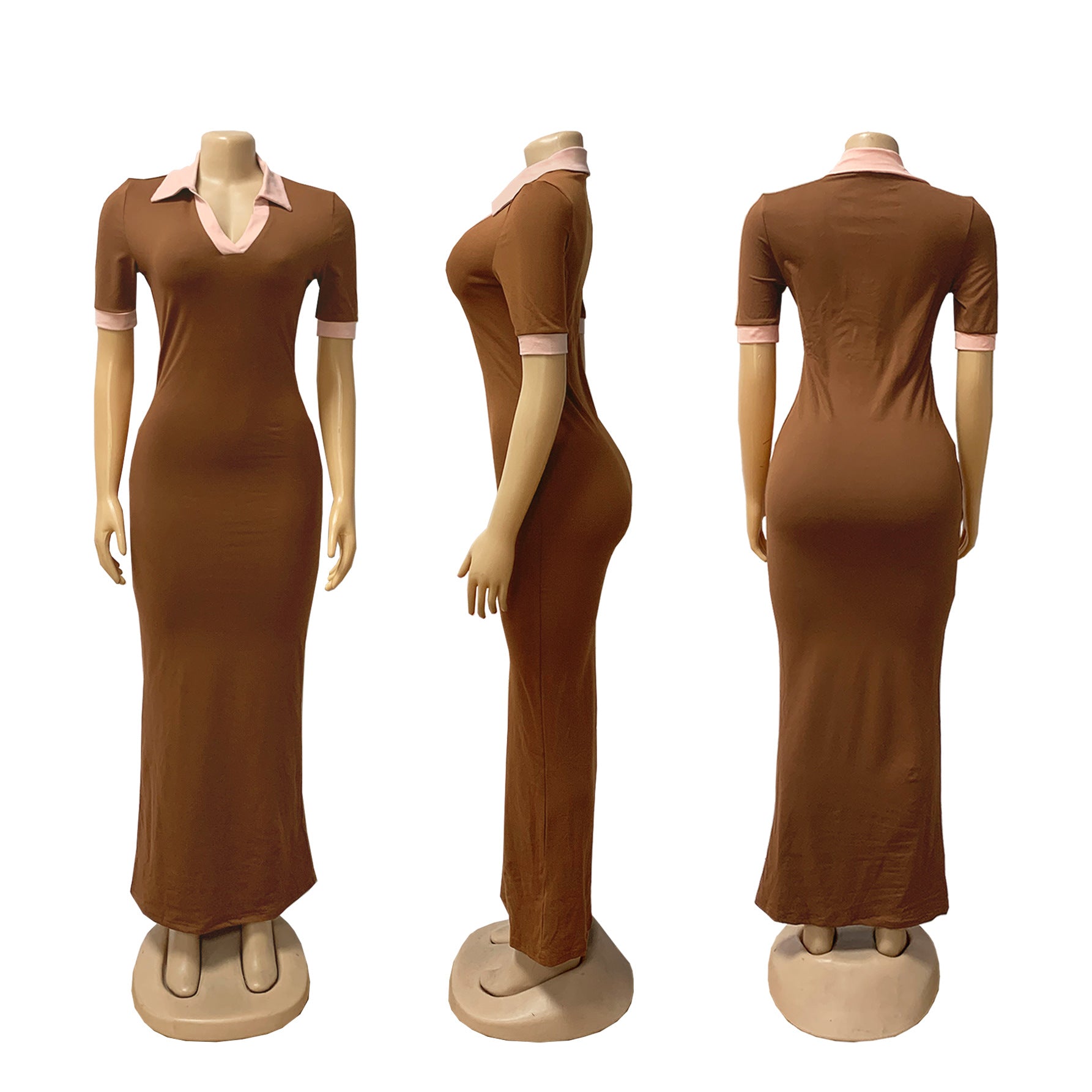 Female Turndown Collar Short Sleeve Slim Fit Long Dress 19