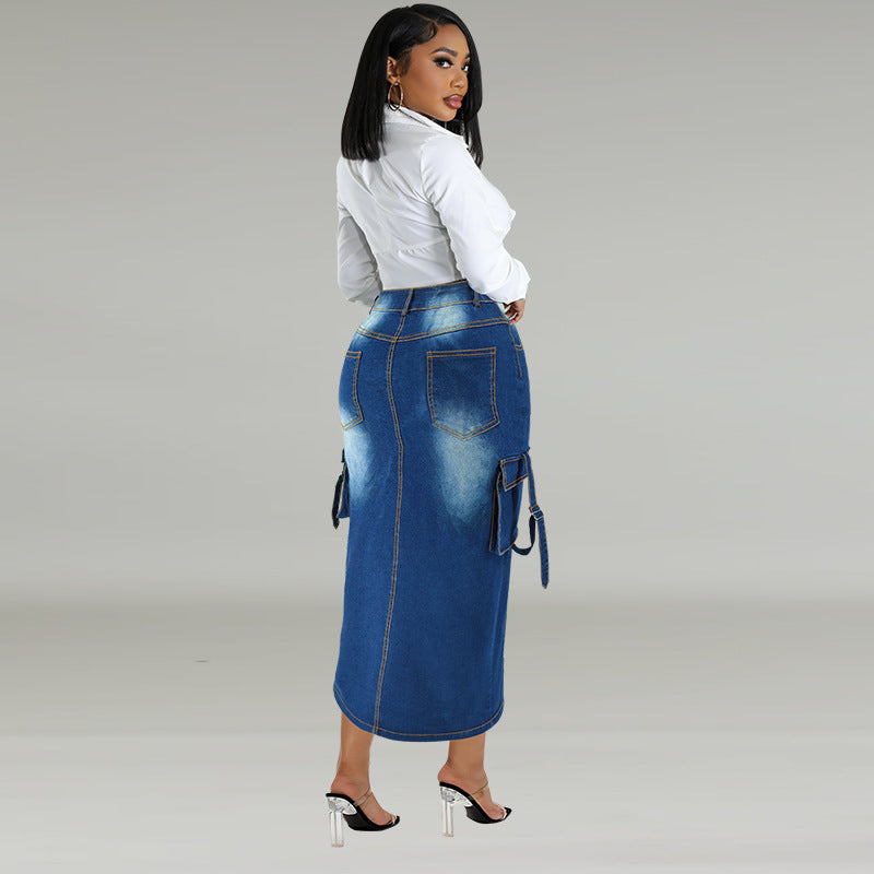 Plus Size Women's Denim Fashion Pocket Slit Long Skirt 4