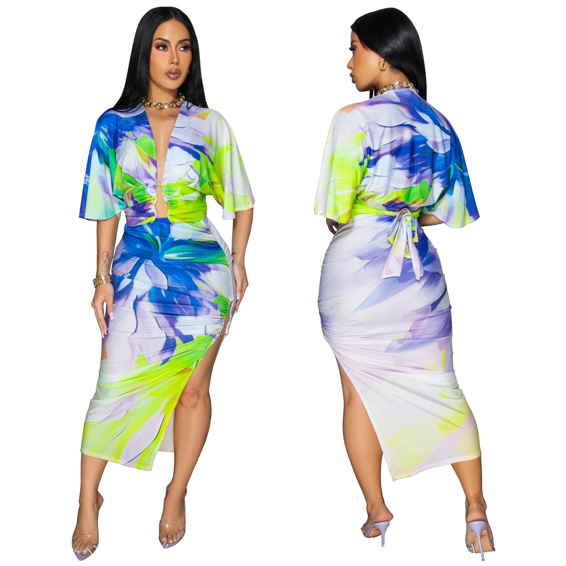 Summer Sexy Printed V Neck Top Side Slit Long Skirt Two Piece Set 3
