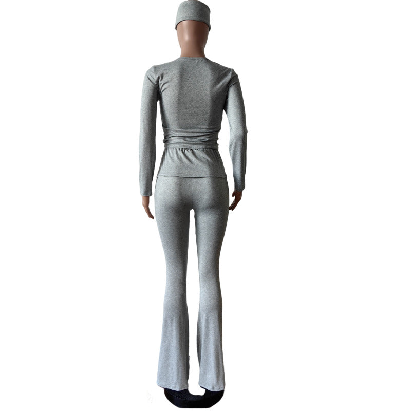 Tight Fitting Solid Color Sexy Slim Elastic Band Turban Two Piece Pants Set 15