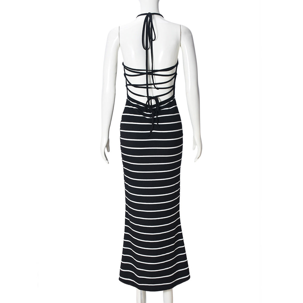 Women Summer Backless Lace-Up Stretch Stripe Halter Neck Dress 7