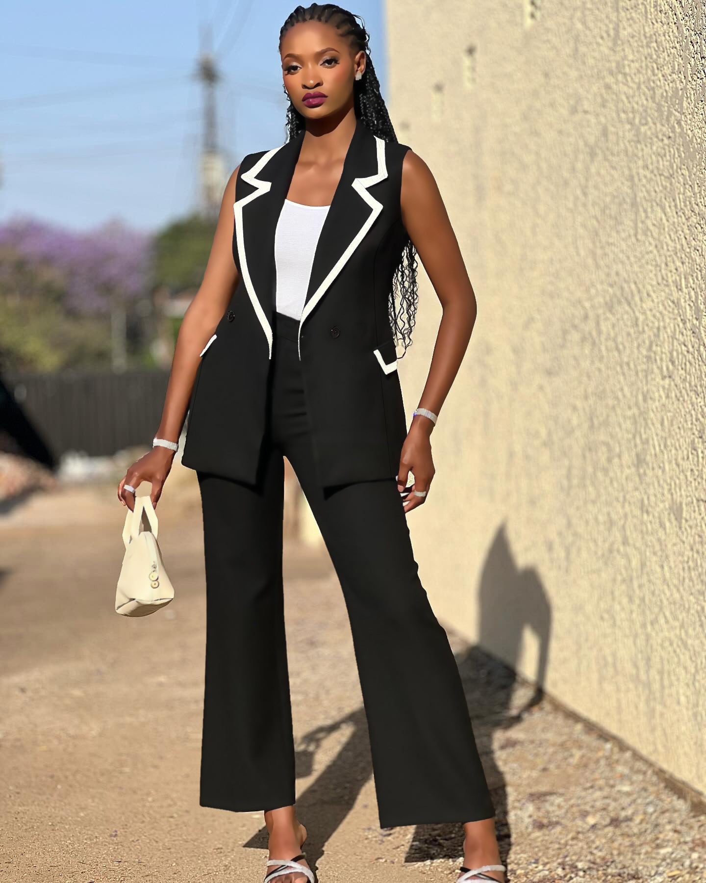 Women's Sleeveless Patchwork Contrast Color Vest Pants Two Piece Set