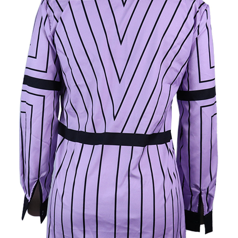 Women Spring Turndown Collar Long Sleeve Striped Dress 9