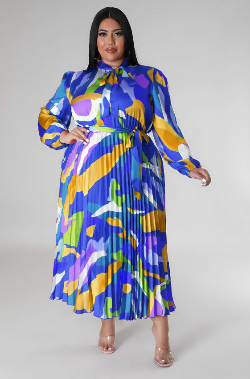 Plus Size Fall Women's Pleated Long Sleeve Dress 13