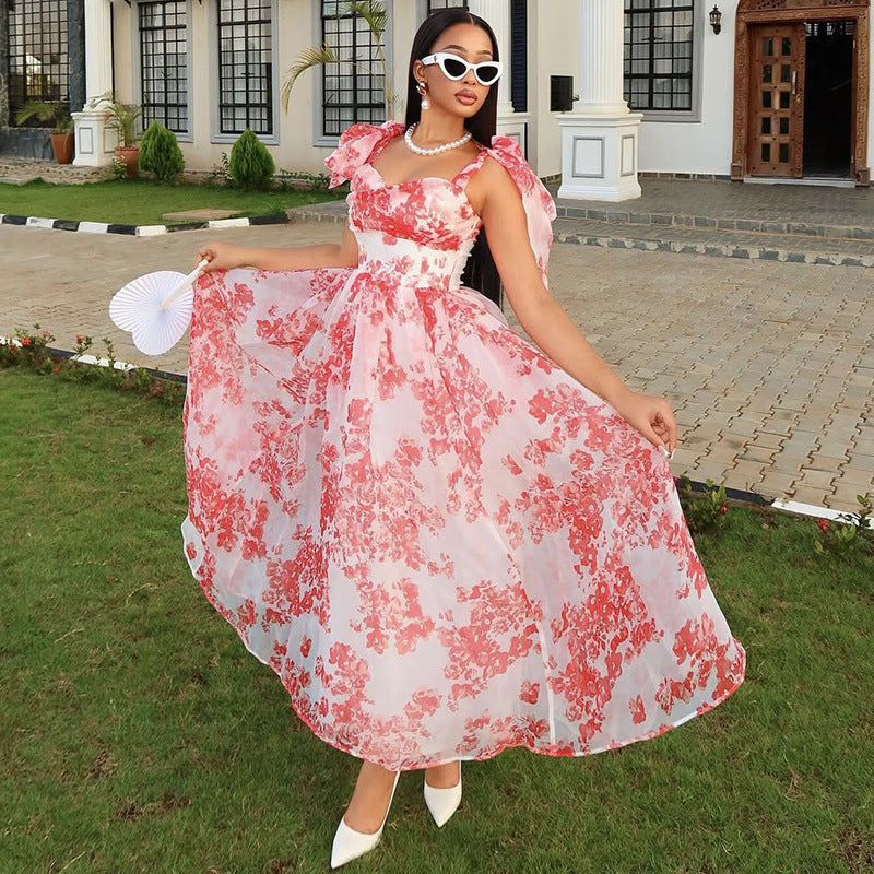 Women Summer Suspender Printed Lace-up Dress 4