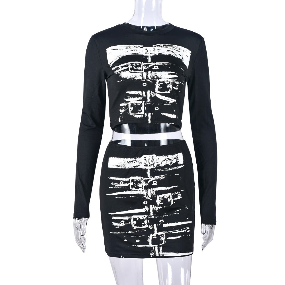 Women printed sexy long-sleeved Top and Style Skirt two-piece set 8