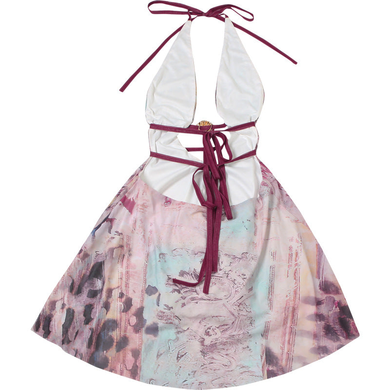 Women Summer Sexy V Neck Halter Neck Backless Print Dress 11