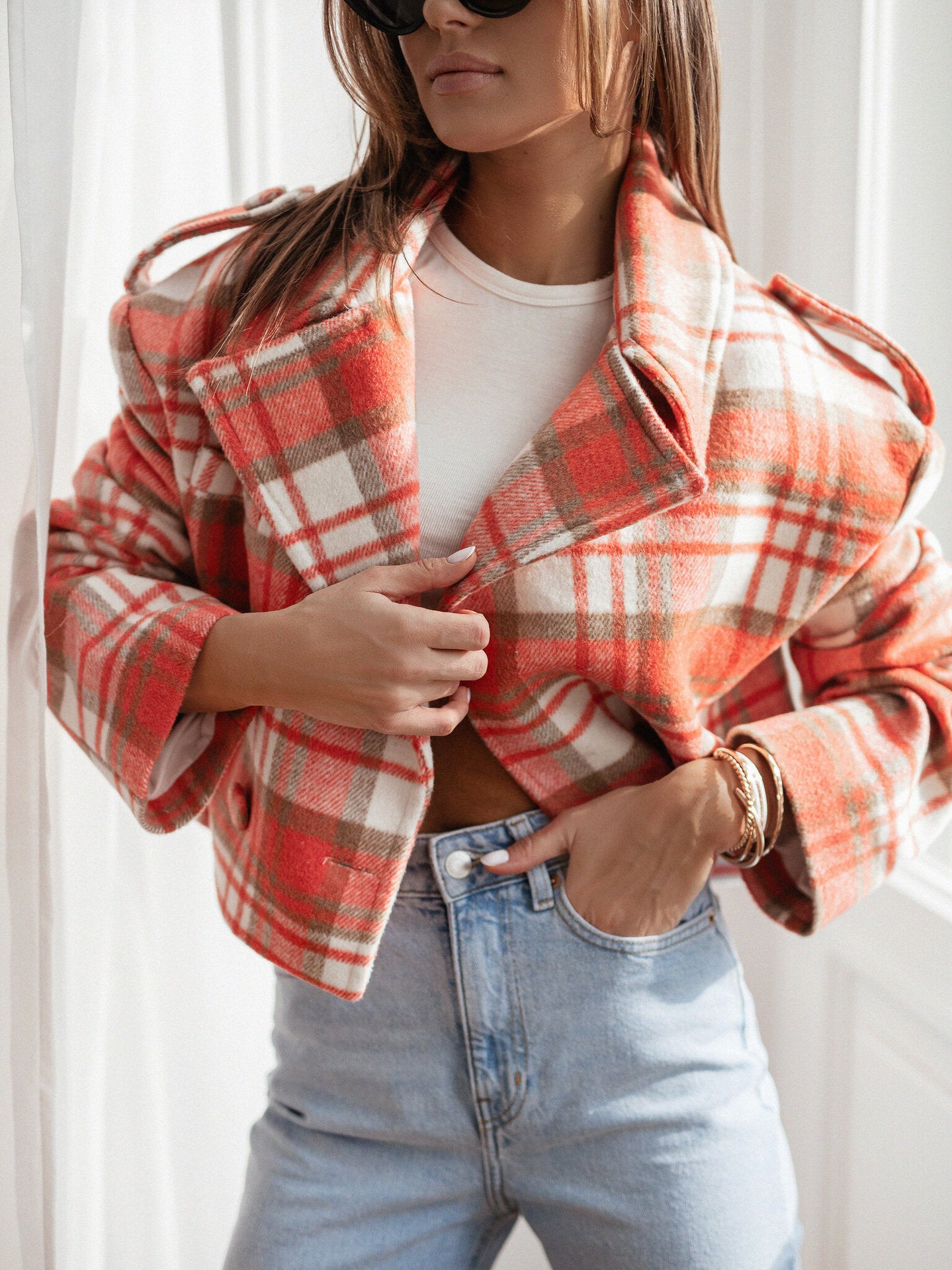 Women Fall/Winter Turndown Collar Plaid Print Jacket 3
