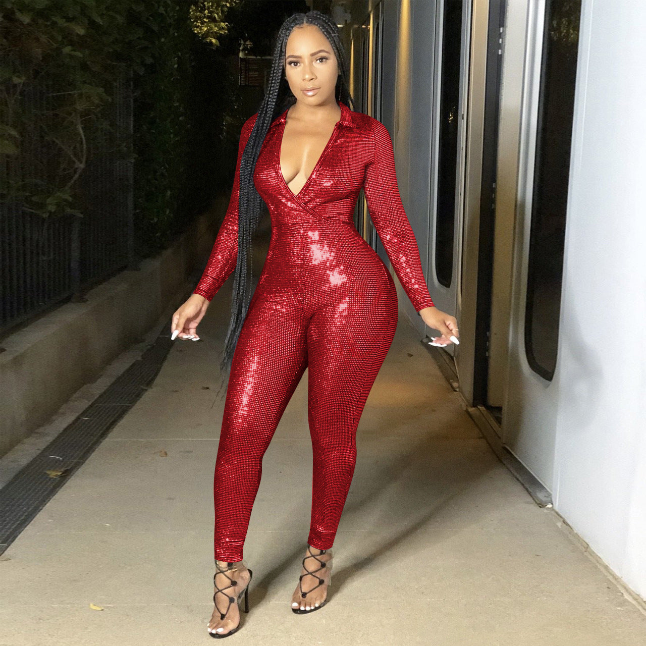 Women V Neck Shiny Jumpsuit 5