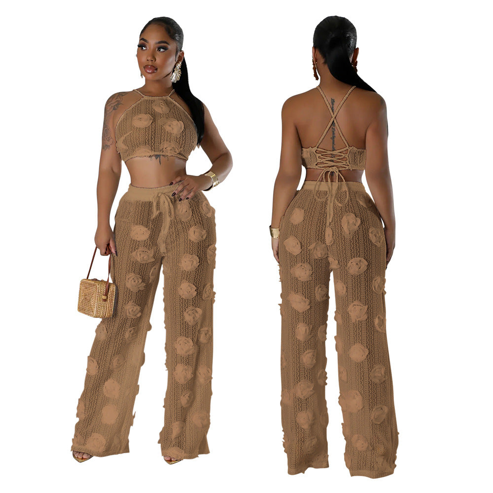 Women Solid Color See-Through Lace-Up Top Loose Slim Pants Two-Piece Set 7