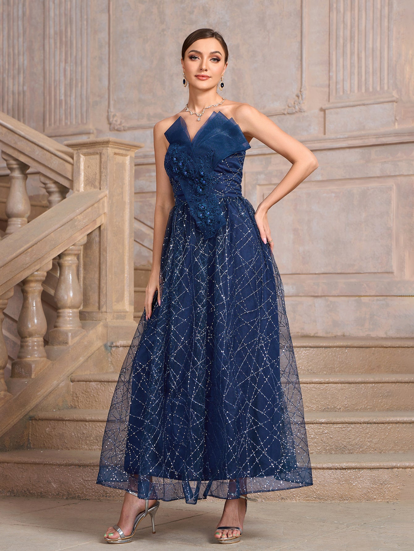 Blue Strapless Mesh Sequins Patchwork Ladies Evening Dress 6