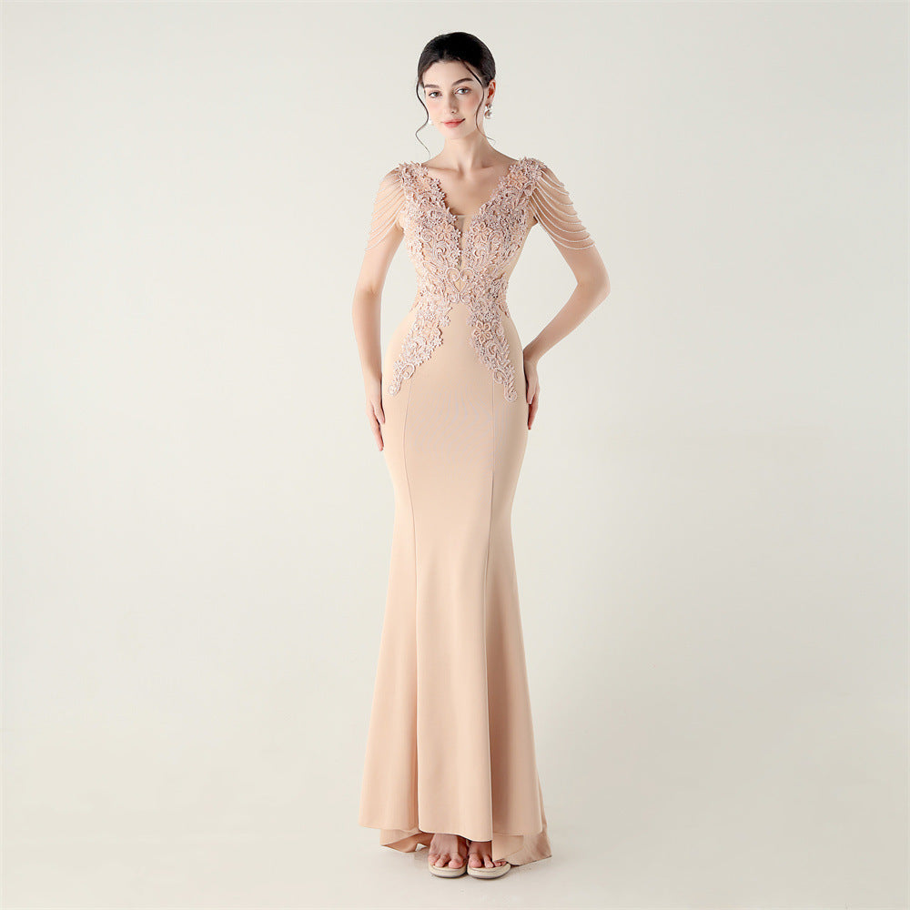 Women Heavy Beaded Applique Fishbone Train Lace-Up Formal Party Evening dress 6