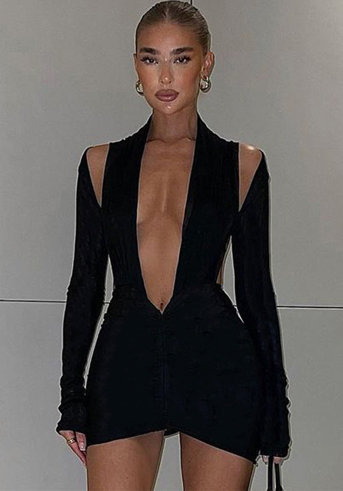 Women Autumn/Winter Solid Long-Sleeved V-Neck Halter Neck Pleated Dress