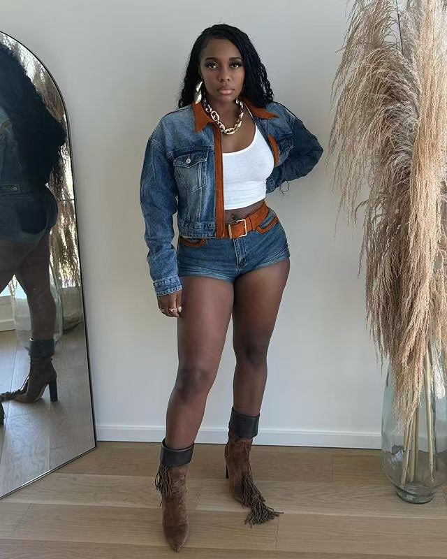 Color Block Patchwork Long Sleeve Stretch Denim Shorts Set