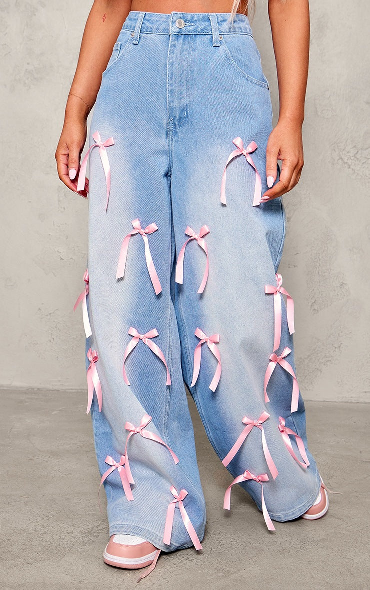 Women Bow Denim Wide Leg Pants