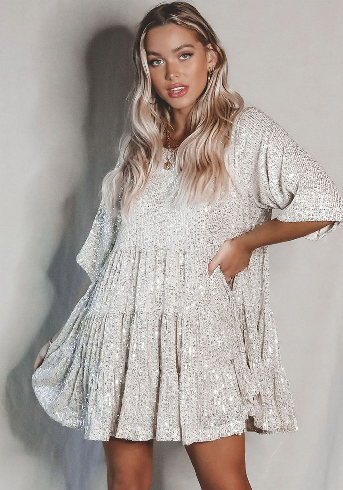Fashion Sequin Round Neck Short Sleeve Big Swing Cute Dress