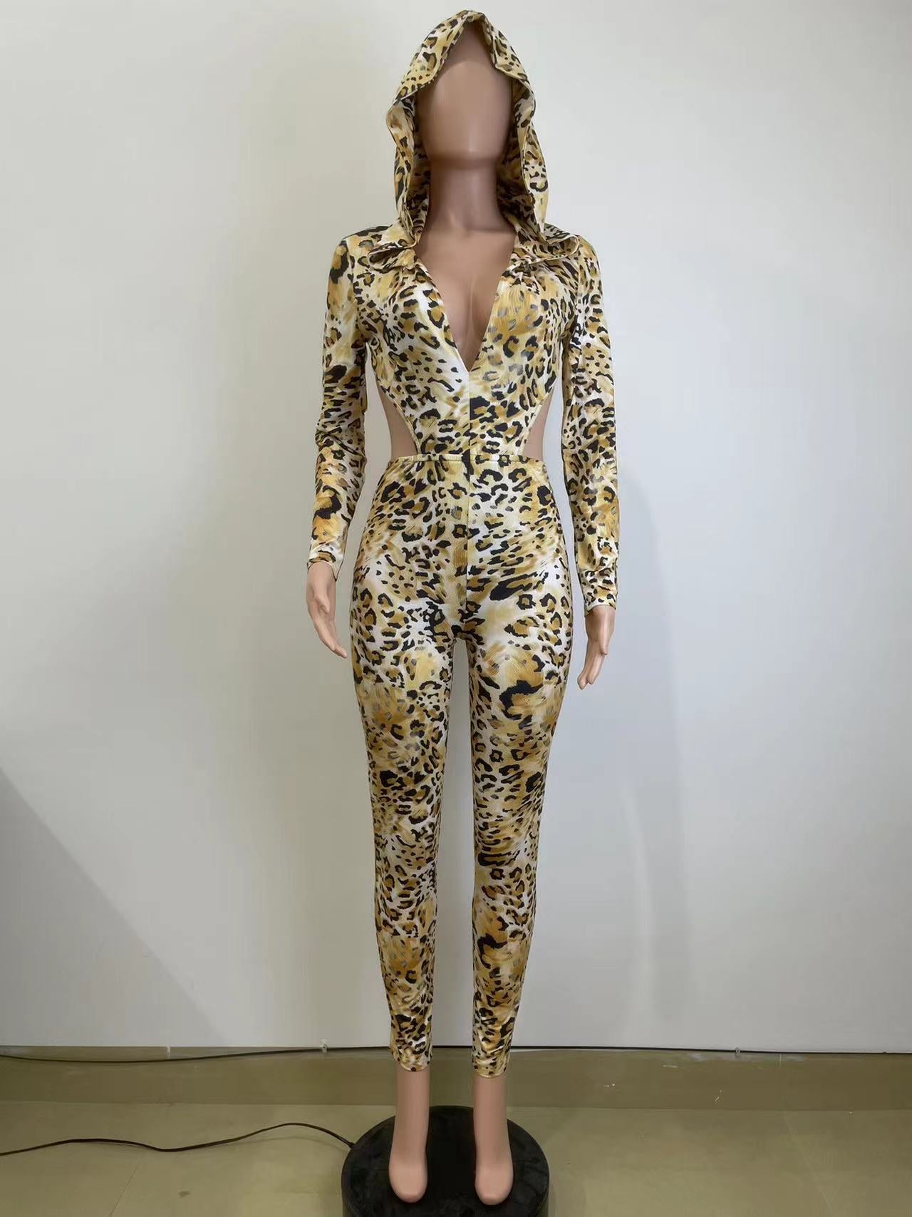 Women Autumn and Winter Leopard Backless Hooded Jumpsuit 10