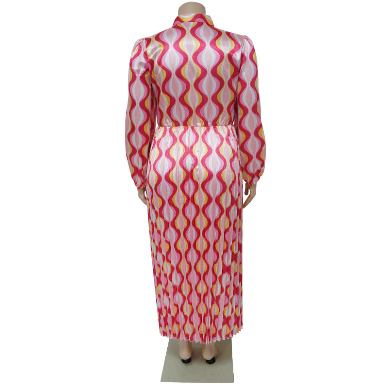 Plus Size Women Lace-Up Long Sleeve Printed Pleated Dress 10