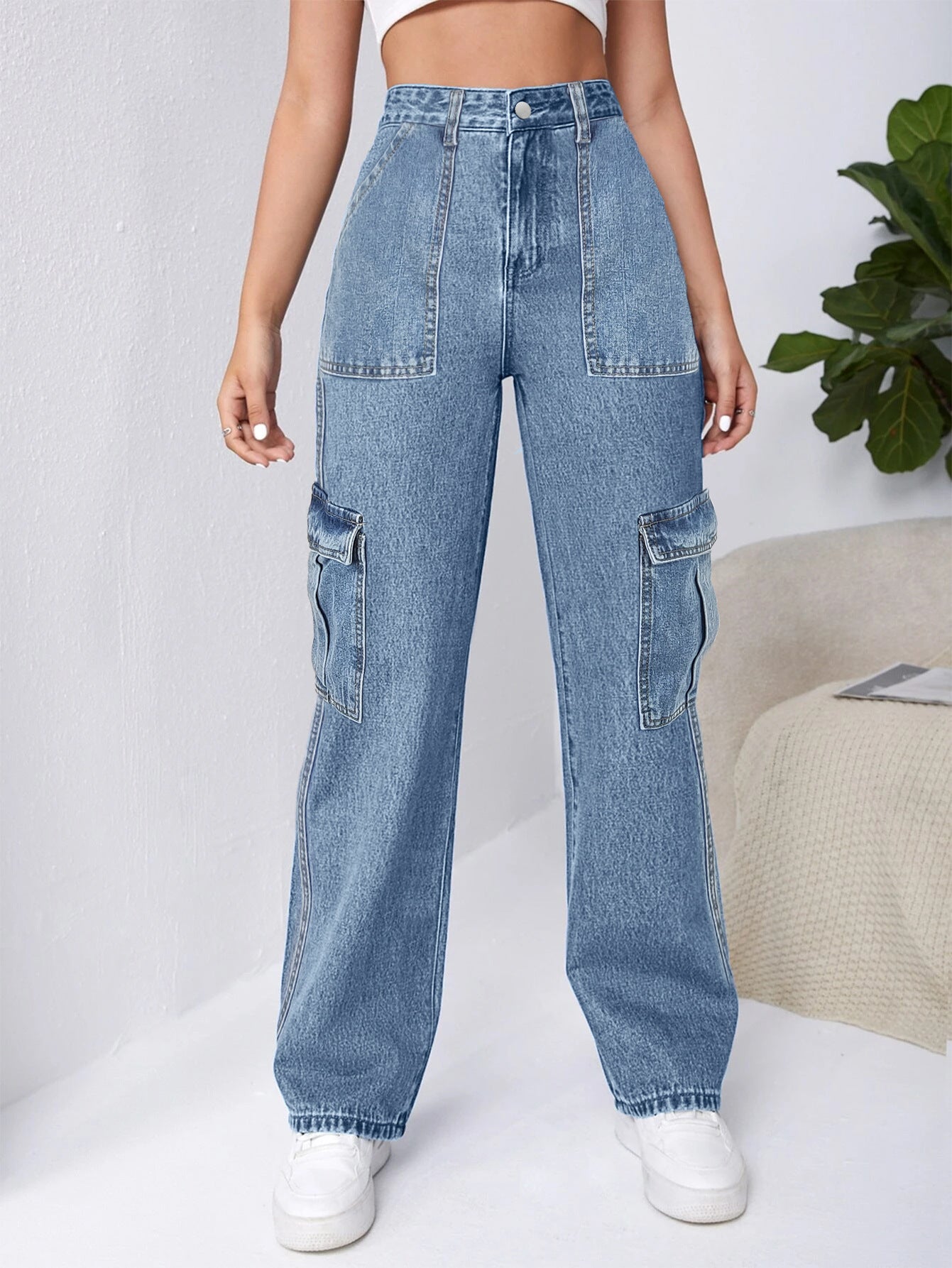 Women Fashion Style Denim Straight Cargo Pants Casual Jeans 7