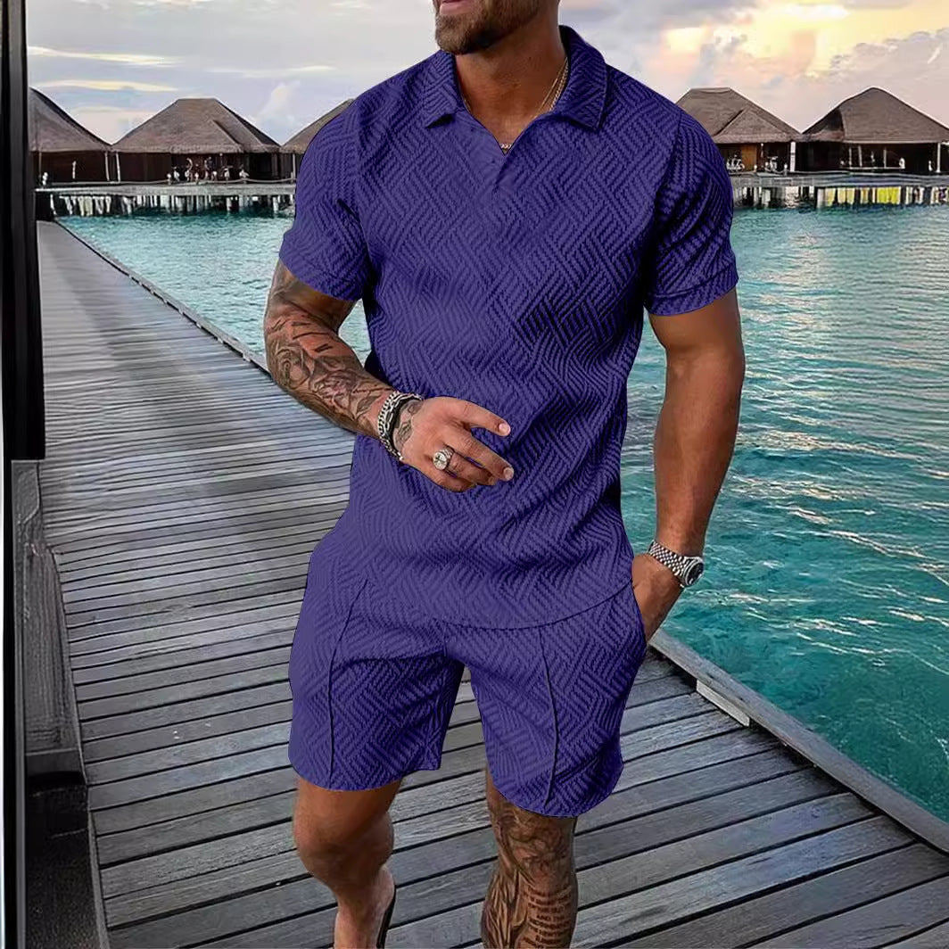 Men's Summer Fashion Casual Printed Turndown Collar Polo Shirt Shorts Two Piece Set 18