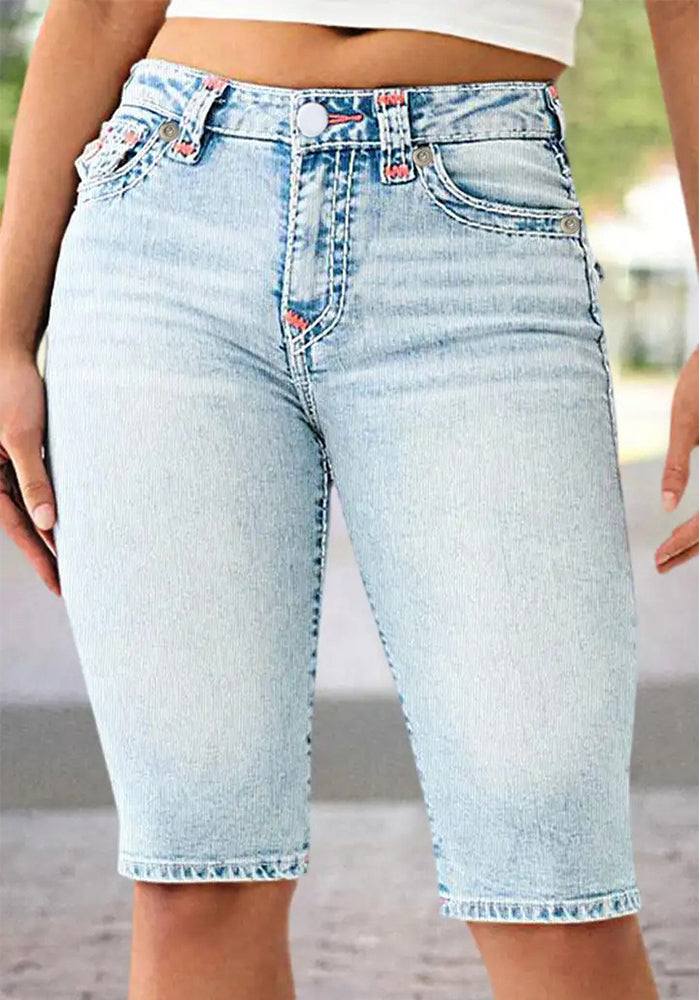 Women Colorblock Casual Denim Knee-Length Shorts