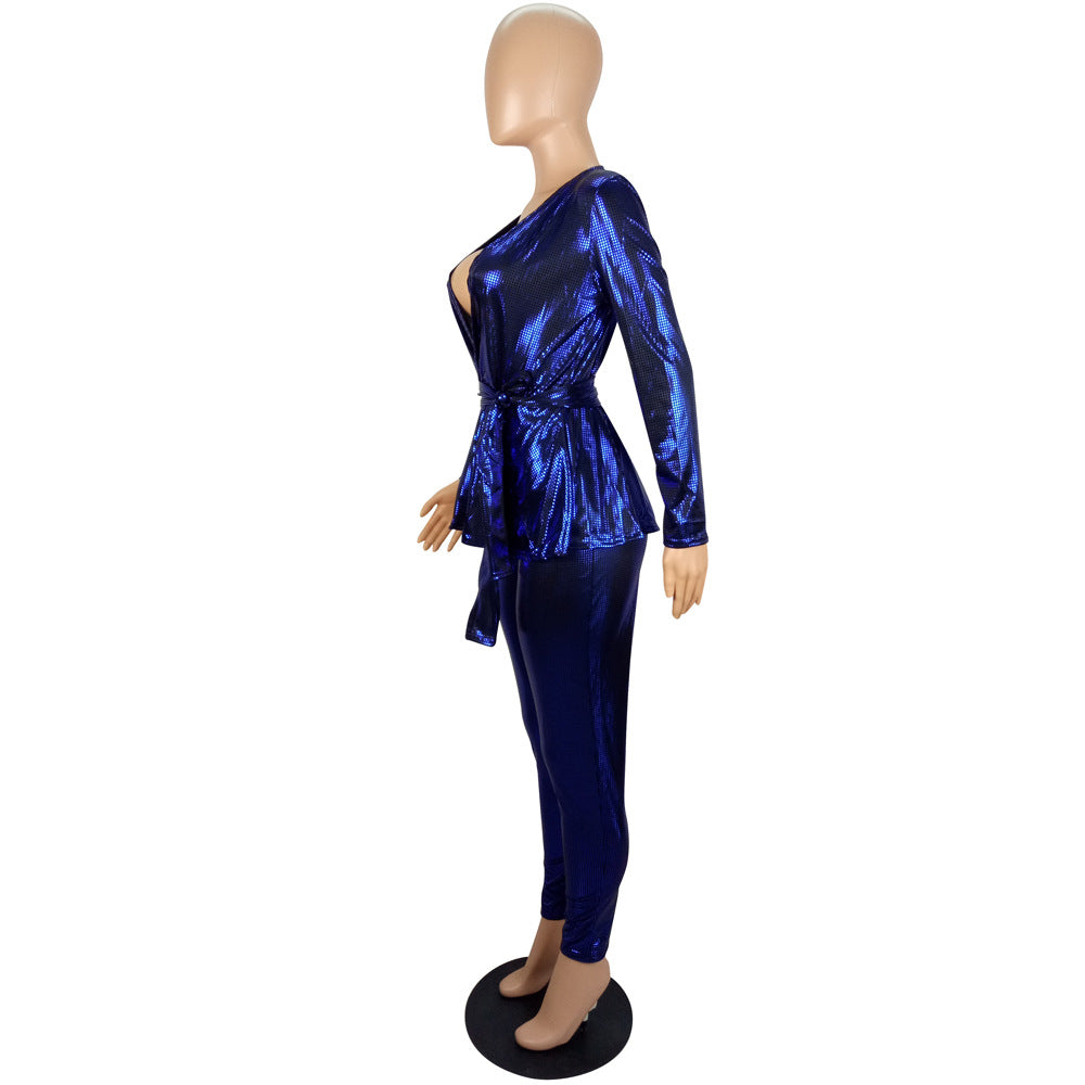 Women'S Slim Fashion Shiny Long Sleeve Suit With Belt 22