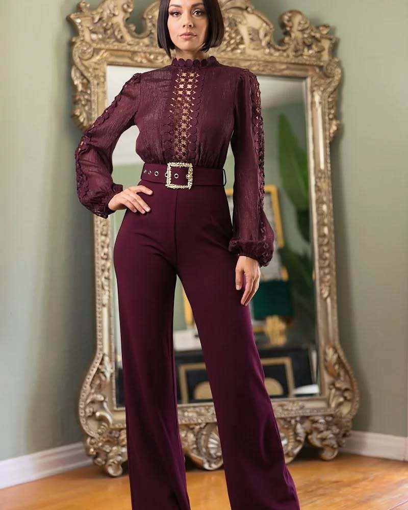Women Elegant Lace Patchwork Lace-Up Wide-Leg Jumpsuit 8
