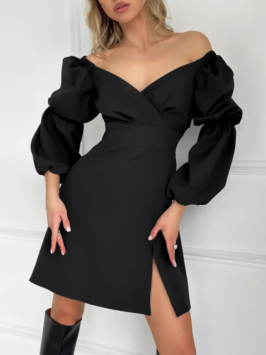 Women Autumn and Winter Sexy V-Neck Long Sleeve Pleated Slit Dress 5