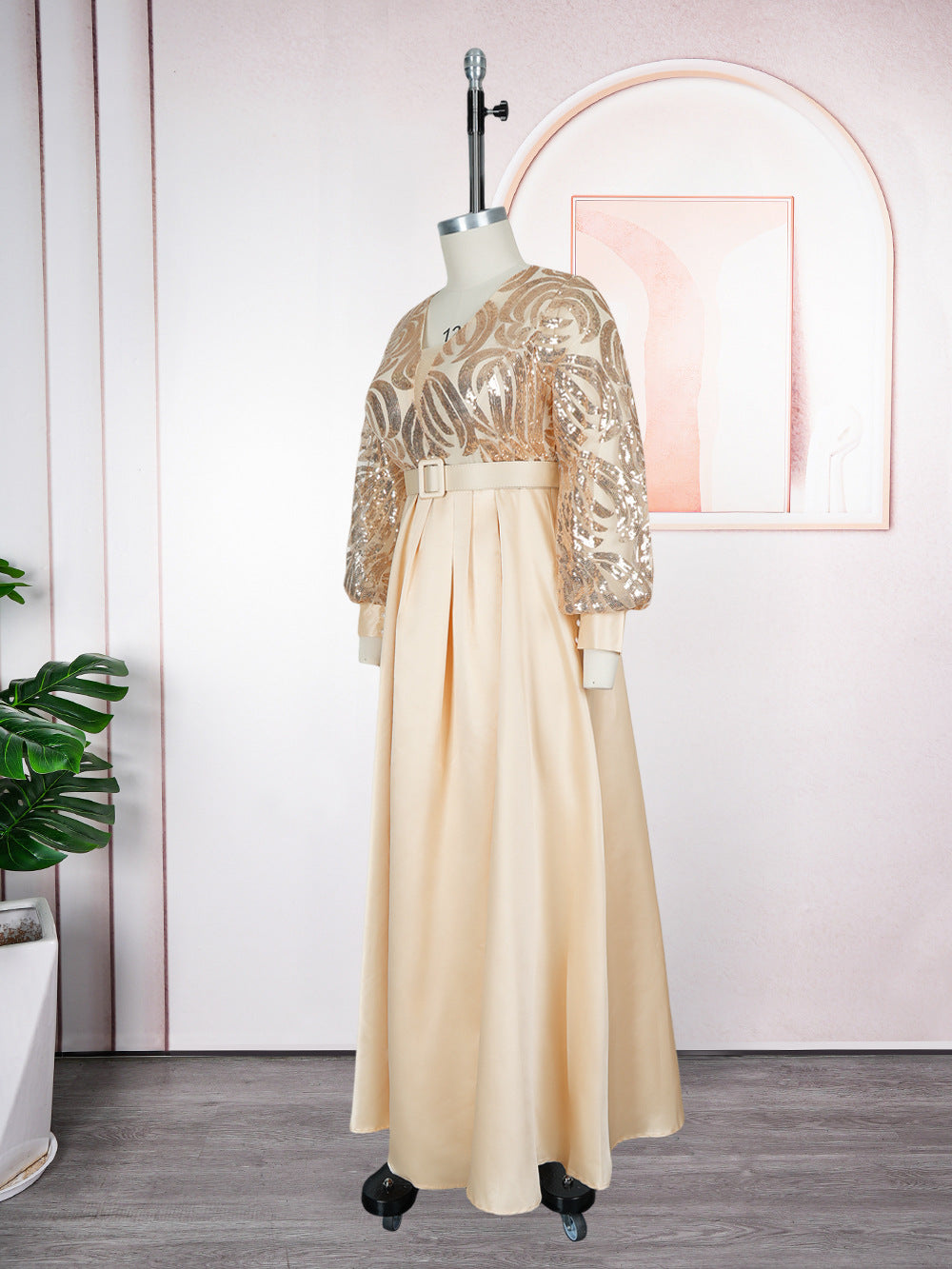 Plus-size African Women sequined lace long-sleeved V-neck elegant maxi dress 13