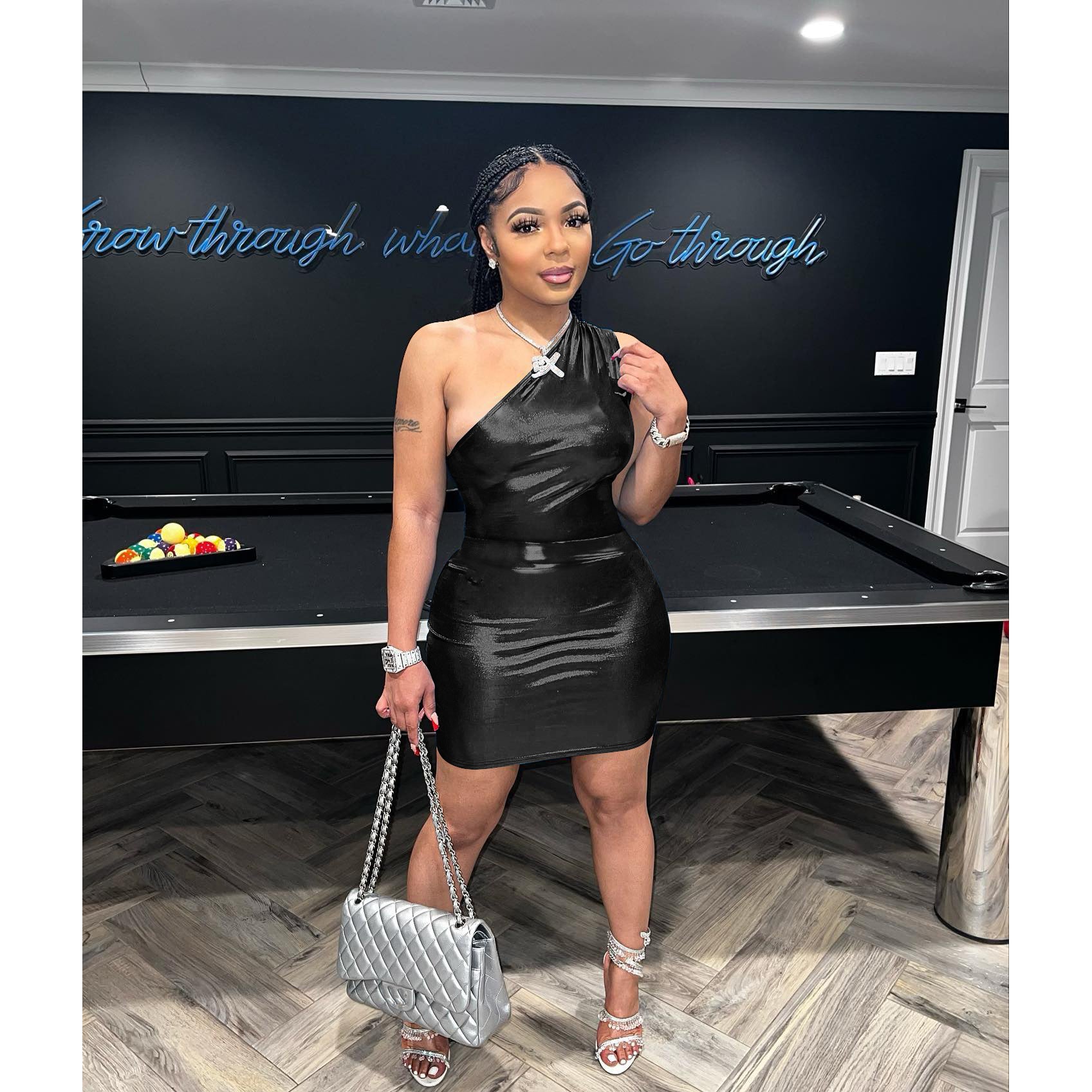 Women's Clothing Shiny One Shoulder Sexy Sleeveless Bodysuit + Skirt Set 3