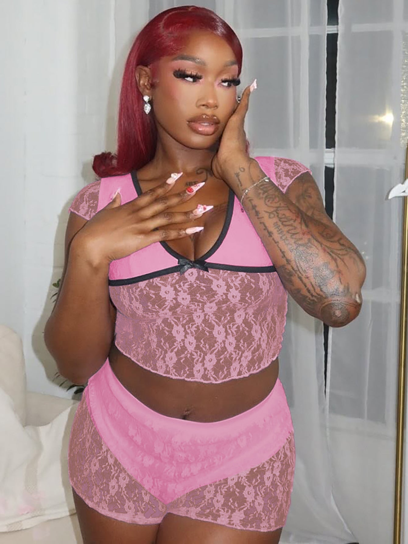 Women summer sexy See-Through Lace Patchwork V-neck Top and shorts two-piece set 4